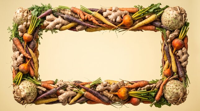 Rectangular frame made of fresh organic root vegetables on beige background.