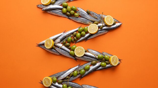 Creative zigzag arrangement of fresh anchovies olives and lemon slices on orange background.