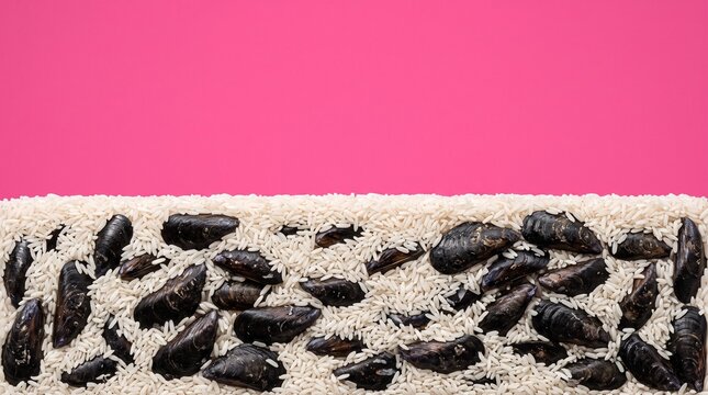 Black insects on sand against bright pink background minimalist composition.