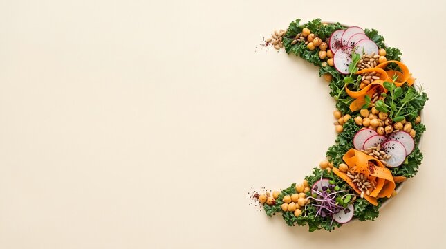 Healthy vegetable crescent moon for Ramadan food concept.