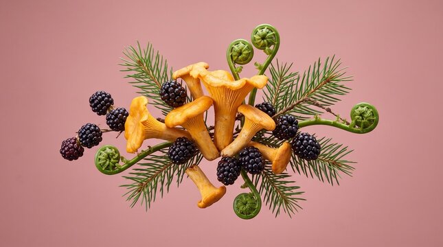 Artistic arrangement of chanterelle mushrooms blackberries fiddleheads and pine needles on pink background.