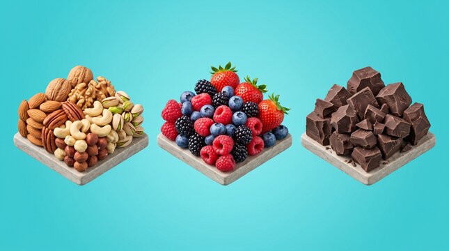 Healthy snack assortment of nuts berries and dark chocolate squares on blue.