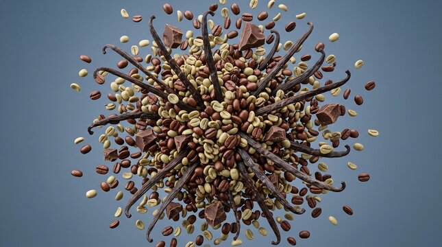 Explosion of roasted coffee beans vanilla pods and chocolate pieces in mid air.