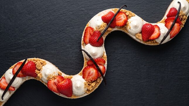 Artistic strawberry and cream dessert shaped like a snake on dark background.