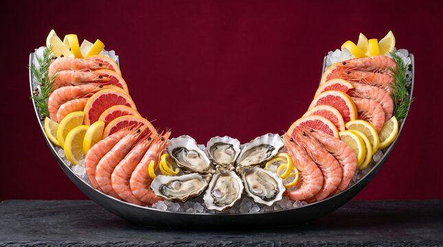 Luxury seafood platter with fresh oysters and prawns on ice.