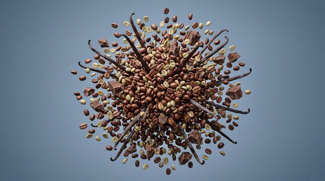 Circular arrangement of roasted coffee beans and vanilla pods on neutral background.