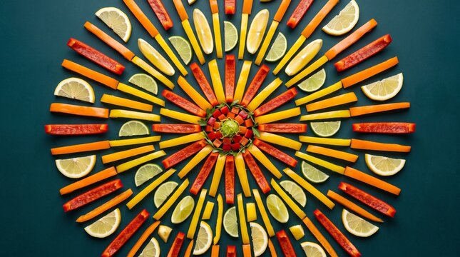 Vibrant food mandala with carrot sticks and citrus slices on dark surface.