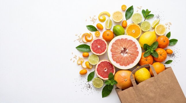 Fresh assorted citrus fruits spilling from brown paper bag on white background.