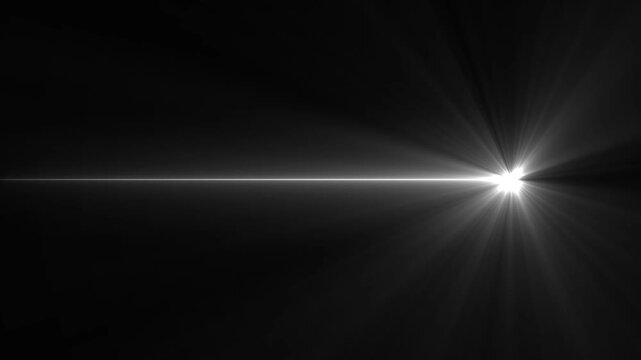 Bright white horizontal laser beam with star burst lens flare light burst on black background.