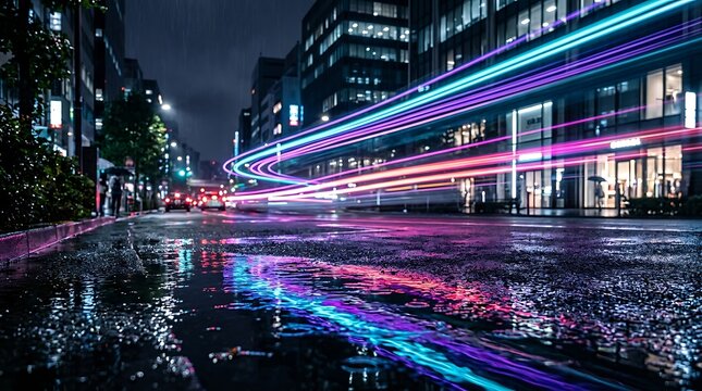 Neon light trails from moving vehicles on a wet city street at night during rain with along wet asphalt