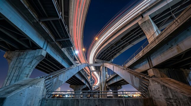 Long exposure light trails from vehicle traffic on a multi level highway interchange at night