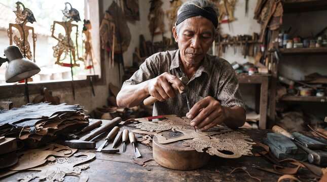 A skilled indonesian craftsman meticulously carving a traditional wayang indonesia puppet representing a precious and ancient cultural heritage art form