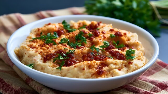 A bowl of creamy mashed white beans topped with red chili oil and fresh green herbs  presented on a checkered cloth