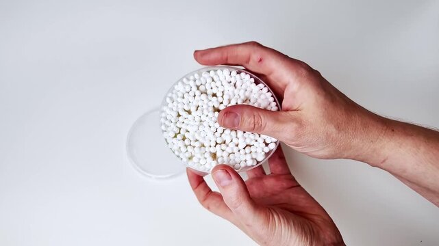 Close up of adult hands holding a clear plastic petri dish, white polystyrene foam beads inside, white background, laboratory setting