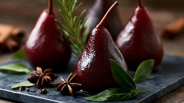 Glossy spiced pears arranged on a dark slate board with fresh rosemary  star anise  and bay leaves as garnish