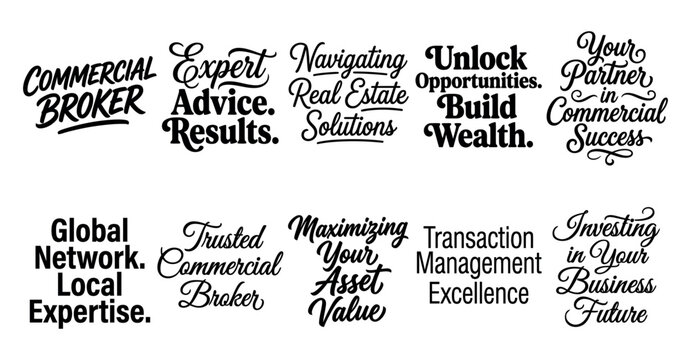 Set of ten professional commercial real estate broker quotes and business typography slogans for marketing Minimal solid typography set bundle collection. Editable Vector Illustration Mega pack