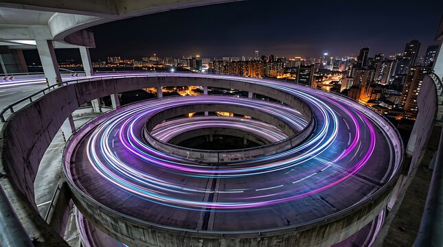 Circular parking garage ramp with long exposure light trails at night in a city with ramp multi level