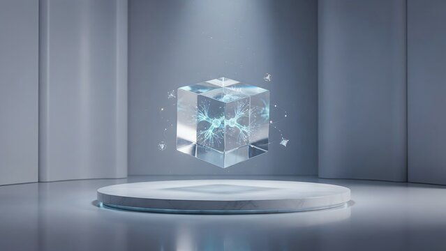 Futuristic glowing crystal cube floating above a round podium in a modern minimalist grey room with holographic cube floating object futuristic technology abstract design digital art sci