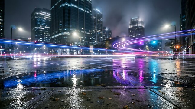 Vehicle light trails on a wet city street at night with tall glass skyscrapers in background