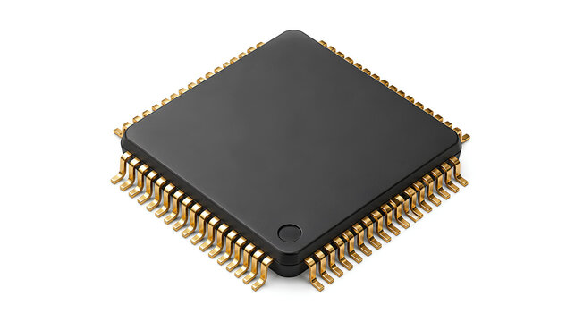 Blank matte black computer microchip with gold pins isolated on white