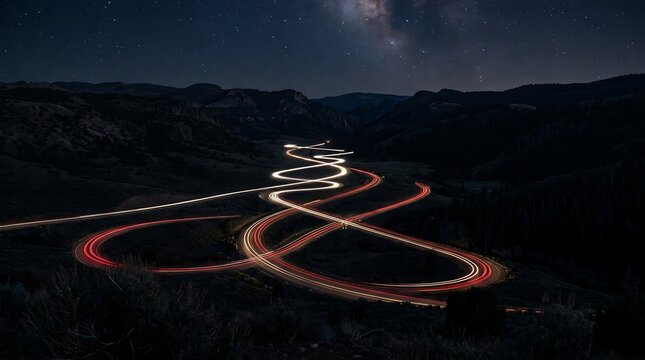 Long exposure light trails from vehicles moving along a winding mountain road at night with landscape