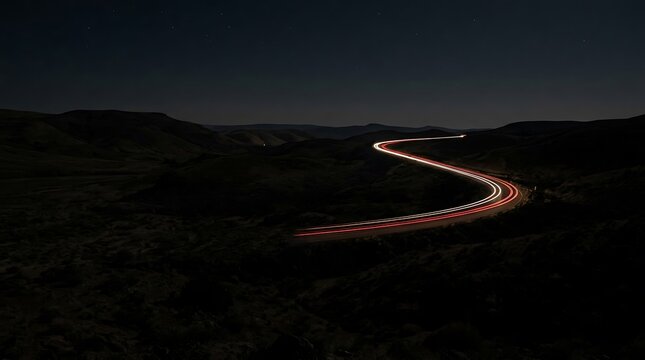 Long exposure light trails from a vehicle driving on a winding road through a dark landscape