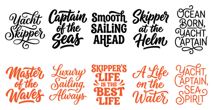 Set of nautical yacht skipper and sailing captain lettering quotes for t-shirt design and decoration Minimal solid typography set bundle collection. Editable Vector Illustration Mega pack