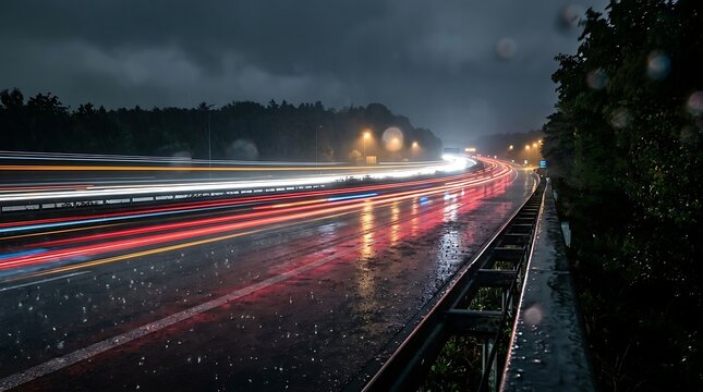 Long exposure light trails from vehicles on a wet highway at night during a rainstorm with across wet
