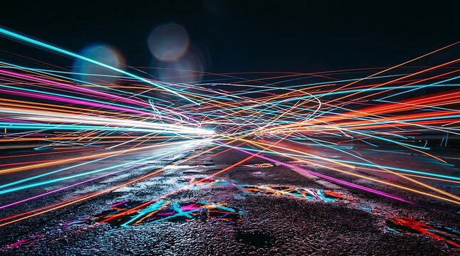 Long exposure light trails from vehicle traffic on a dark wet asphalt road at night with streaks moving