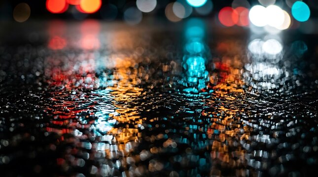 Blurred lights reflecting on a wet asphalt road surface during the dark night time hours