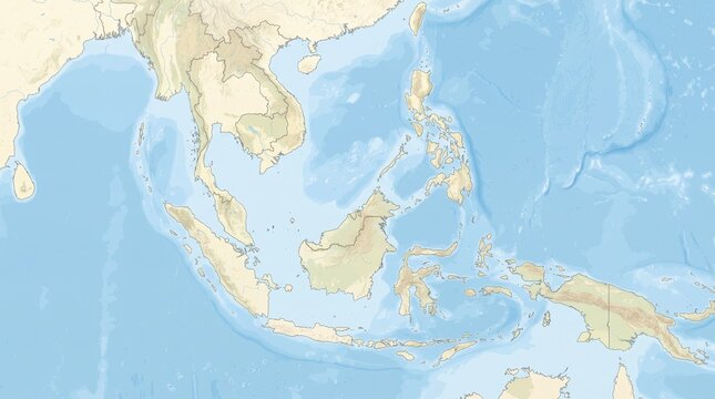 Physical map of Southeast Asia with terrain and ocean details