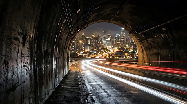 Light trails from vehicles exiting a dark tunnel towards a city skyline at night with brightly lit city