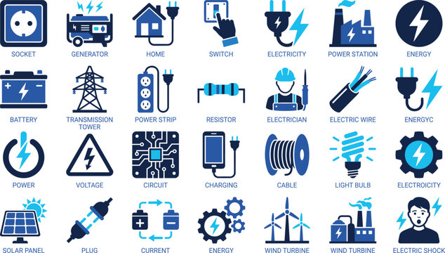 Flat vector electricity and power industry icons set for engineering presentation, solar panel, wind turbine, battery, generator, transmission tower