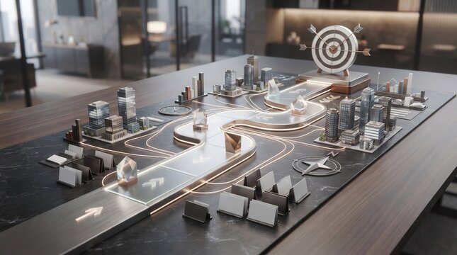 A detailed architectural scale model of a modern city layout displayed on a large table in an office