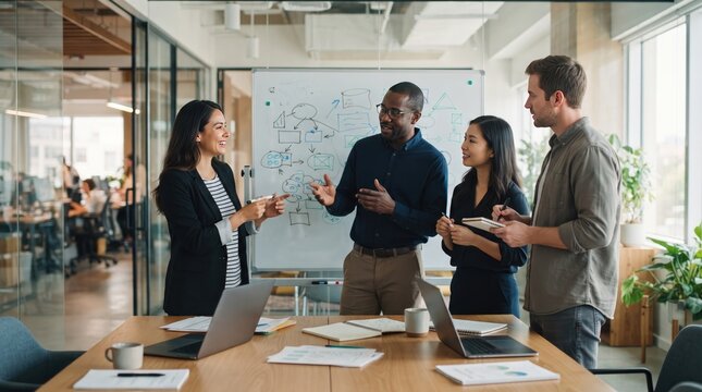 A diverse group of professional colleagues having a collaborative business meeting in a modern bright office workspace