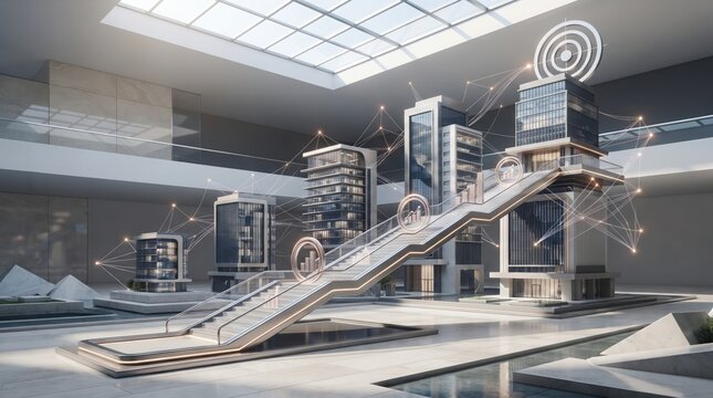 Modern architectural interior featuring a long metal staircase leading to an upper level within a bright spacious building lobby