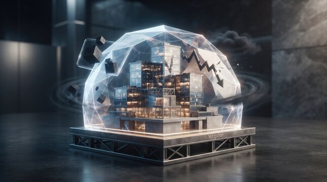 A glowing holographic dome displaying complex financial data charts and stock market trends in a dark industrial environment