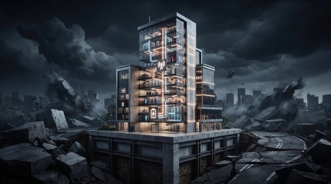 A futuristic illuminated skyscraper standing tall amidst a desolate landscape of rubble and debris under a dark stormy sky
