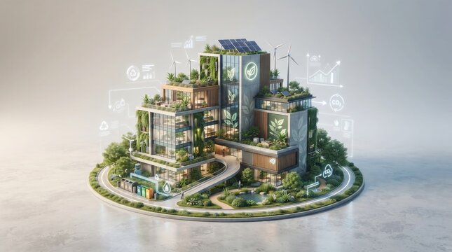 A miniature 3d isometric city island featuring modern architecture skyscrapers and lush green trees on a grey background