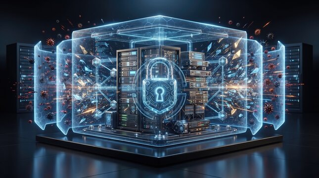 A glowing digital cube representing advanced cybersecurity protection with a central padlock icon and complex data network connections