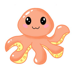 Cute hand drawn orange octopus character with eight tentacles and a friendly smiling face © gupayyy