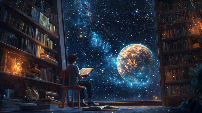 Young boy reading a book in a library with a cosmic backdrop  