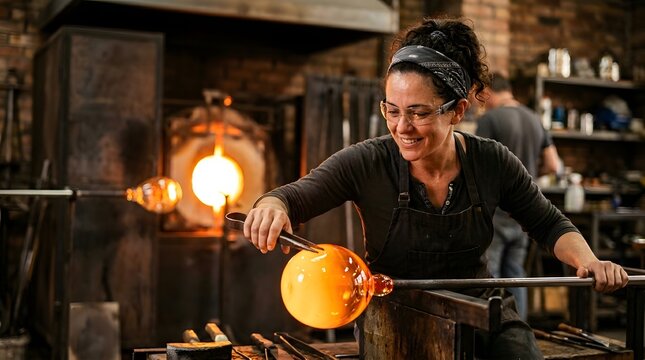 Smiling female glassblower wearing safety goggles uses metal tongs to shape glowing molten glass in a rustic artisan workshop studio