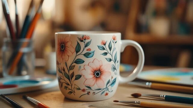 Floral ceramic mug on creative artist workspace desk