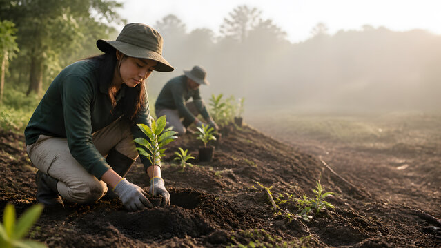 Woman wearing sun hat plants young tree seedling into soil during forest reforestation project at dawn