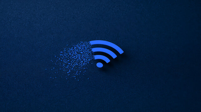 A blue wifi symbol dissolving into small particles on a dark blue background, representing poor internet connection and signal loss issue