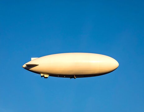 White Blimp or Dirigible Flying in Clear Blue Sky, Isolated Airship Transport for Commercial Advertising and Travel
