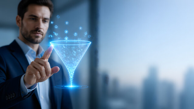 Businessman touching glowing digital sales funnel icon with floating data particles in office representing marketing conversion strategy