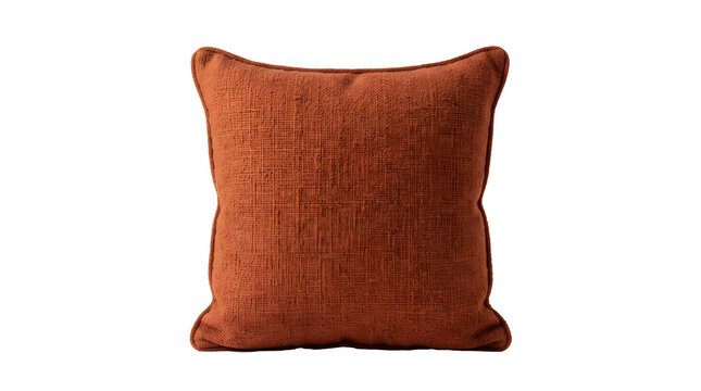 Textured terracotta square throw pillow featuring soft fabric construction and rustic decorative weave isolated against clean white background for interior design home decor product catalog use
