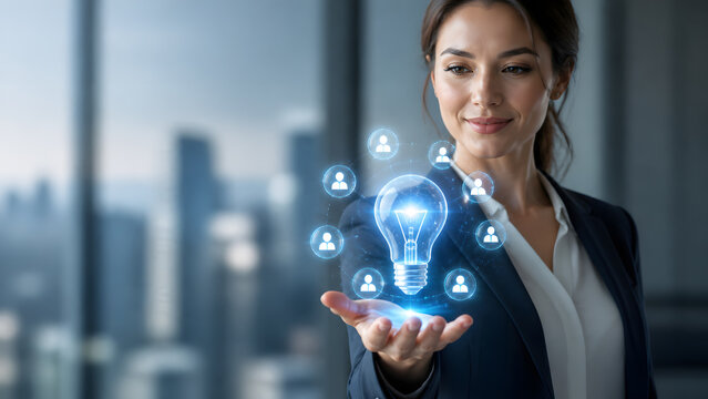 Businesswoman holding glowing lightbulb icon surrounded by network of people symbols representing creative idea and team leadership